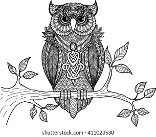 Zentangle stylize of owl sitting on the branch for coloring book for adult, T - Shirt graphic, poster and so on