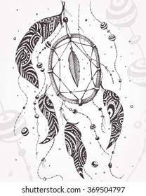Zentangle stylized abstract feather Dreamcatcher. vector boho  illustration.  Hand Drawn doodle tribal zenart illustration on white background. Sketch for tattoo. Engraving. Coloring page.