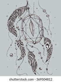 Zentangle stylized abstract feather Dreamcatcher. Hand drawing Doodle,vector  boho illustration.  tribal zenart illustration on gray  background. Sketch for tattoo. Engraving. 
