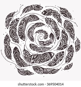 Zentangle stylized abstract feathern. Hand drawing Doodle boho  vector illustration.  Hand Drawn doodle tribal zenart illustration on white background. Sketch for tattoo. Engraving. Coloring page.