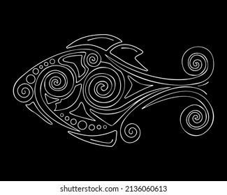 Pescado abstracto estilizado de Zentangle, aislado sobre negro
de fondo. Esbozo dibujado a mano, emblema de camisetas, logotipo. Vector.