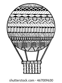 Zentangle stylized abstract hot air ballon in the sky.Hand drawing doodle,vector boho illustration.Doodle zenart illustration on white background.Coloring page anti stress for adult and children.