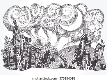 Zentangle stylized abstract Night fairy-tale world, the city of dreams . Hand drawing Doodle,vector boho illustration. Tribal zen art illustration on white background. Sketch for tattoo. Engraving.