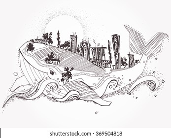 Zentangle stylized abstract whale world. Hand drawing Doodle,vector boho illustration.  Hand Drawn doodle tribal zenart illustration on white background. Sketch for tattoo. Engraving. Coloring page.