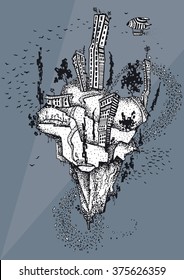 Zentangle stylized abstract world on the mountain . Hand drawing Doodle,vector boho illustration. Hand Drawn doodle tribal zenart illustration on white background. Sketch for tattoo. Engraving.
