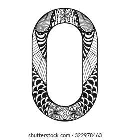 Zentangle stylized alphabet. Lace letter O in doodle style. Hand drawn sketch font, vector illustration for coloring pages, tattoos, makhendas or decoration.