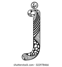 Zentangle stylized alphabet. Lace letter J in doodle style. Hand drawn sketch font, vector illustration for coloring pages, tattoos, makhendas or decoration.