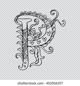 Zentangle stylized alphabet. Lace letter P in doodle style.
