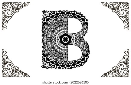 Zentangle stylized alphabet - letter B. Black white hand drawn doodle. Ethnic pattern. African, indian, totem, design, adult antistress coloring page. Simple flat vector illustration