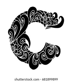 Zentangle stylized alphabet. Letter C in doodle style. Hand drawn sketch font, vector illustration for coloring page, makhendas or decoration.