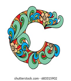 Zentangle stylized alphabet. Letter C in doodle style. Hand drawn sketch font, vector illustration for coloring page, makhendas or decoration.