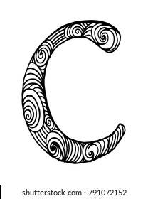 Zentangle stylized alphabet. Letter C in doodle style. Hand drawn sketch font, vector illustration for coloring page, makhendas or decoration