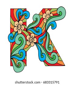 Zentangle stylized alphabet. Letter K in doodle style. Hand drawn sketch font, vector illustration for coloring page, makhendas or decoration.