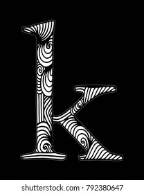 Zentangle stylized alphabet. Letter K in doodle style. Hand drawn sketch font, vector illustration for coloring page, makhendas or decoration.