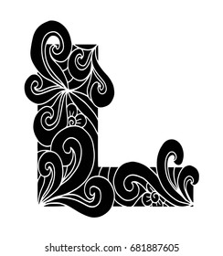 Zentangle stylized alphabet. Letter L in doodle style. Hand drawn sketch font, vector illustration for coloring page, makhendas or decoration.