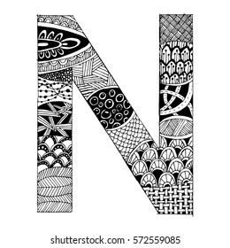 Zentangle stylized alphabet - letter N. vector illustration Black white hand drawn doodle. Ethnic pattern. African, indian, totem, design, adult antistress coloring page, poster, print, t-shirt.