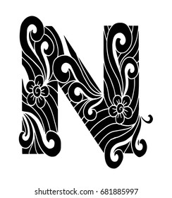 Zentangle stylized alphabet. Letter N in doodle style. Hand drawn sketch font, vector illustration for coloring page, makhendas or decoration.