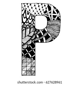 Zentangle stylized alphabet - letter P. vector illustration Black white hand drawn doodle. Ethnic pattern. African, indian, totem, design, adult antistress coloring page, poster, print, t-shirt.