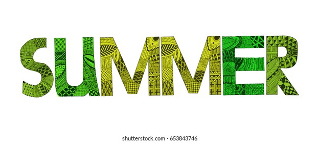 Zentangle stylized alphabet - letter text "summer" vector illustration Black and white hand drawn doodle. 