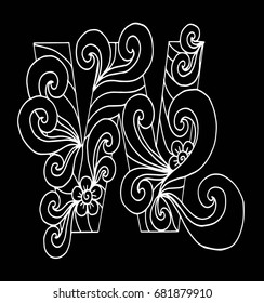 Zentangle stylized alphabet. Letter W in doodle style. Hand drawn sketch font, vector illustration for coloring page, makhendas or decoration.