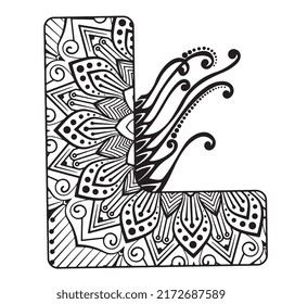 Zentangle stylized alphabet. Mandala letter. vector illustration Black white hand drawn doodle. Alphabets Mandala coloring Page, Mandala Letters. 