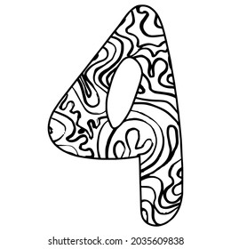 Zentangle stylized alphabet - number 4. Black white hand drawn doodle. Ethnic pattern. African, indian, totem, design, adult antistress coloring page. Simple flat vector illustration svg