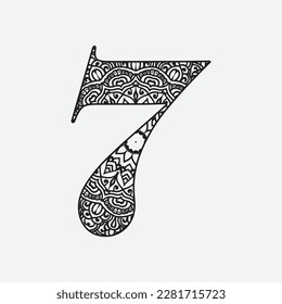 Zentangle stylized alphabet.Number 7 in doodle style. Hand drawn sketch font, vector illustration for coloring page, tattoos, makhendas or decoration.