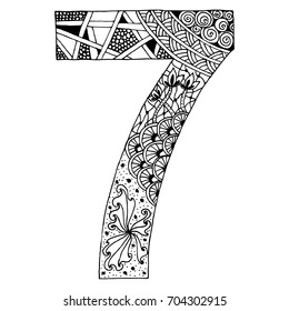 Zentangle stylized alphabet.Number 7 in doodle style. Hand drawn sketch font, vector illustration for coloring page, tattoos, makhendas or decoration.