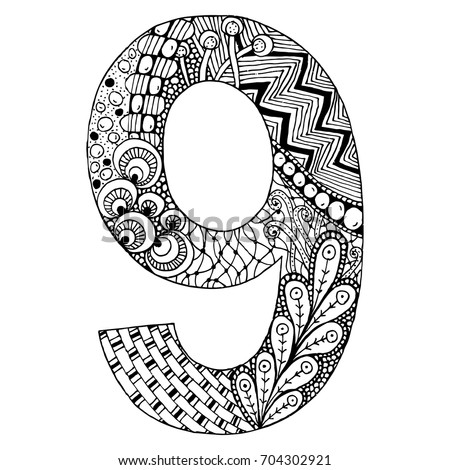 Download Zentangle Stylized Alphabet Number 9 Doodle Style Stock ...