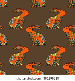 Zentangle stylized animal vector seamless pattern background with rabbits. Doodle elements might be used as decorative fabric or case print
