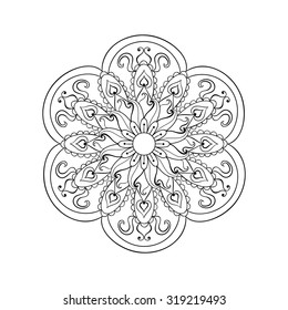 Zentangle stylized Arabic, Indian Mandala, Rangoli for adult anti-stress coloring pages. Hand drawn vintage Ornament Pattern on white background. Ethnic decorative elements. Yoga spirit.