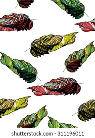 Zentangle stylized Autumn Leaf seamless pattern on white background. Cloth & rug design. Red, Black, Green, Yellow, Orange & White vector backdrop. Hand drawn engraved vintage vector illustration.