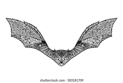 Zentangle stylized bat. Animal collection. Black and white hand drawn doodle. Ethnic patterned vector illustration. African, indian totem design. Sketch for tattoo, poster, print, bag or t-shirt.