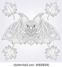 Zentangle stylized Bat with fall autumn leaves for Halloween. Freehand sketch for adult anti stress coloring page with doodle elements. Artistic ethnic black vector illustration for  t-shirt print