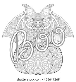 Zentangle stylized Bat on pumpkin with Boo for Halloween. Sketch for adult coloring page with doodle elements. Artistic ethnic black vector illustration for t-shirt print, tattoo, invitation