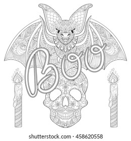 Zentangle stylized Bat seating on sugar Skull with candles, typographic Boo for Halloween. Freehand sketch for adult anti stress coloring page with doodle elements. Artistic ethnic vector illustration