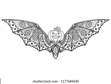 zentangle stylized bat wearing Halloween pumpkin for coloring book pages for anti stress.Vector illustration.