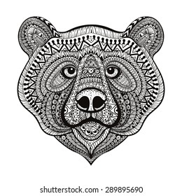 Zentangle stylized Bear face. Hand Drawn doodle vector illustration isolated on white background. Sketch for tattoo or indian makhenda design.