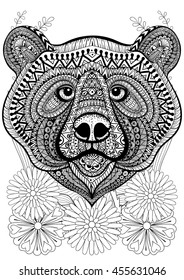 Zentangle stylized bear face on flowers. Hand drawn ethnic animal for adult coloring pages, art therapy, boho t-shirt patterned print, posters, t-shirt. Vector isolated illustration. A4 size.