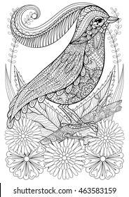 Zentangle stylized Bird with flowers. Hand drawn ethnic animal for adult coloring pages, art therapy, boho t-shirt patterned print, posters, t-shirt. Vector isolated illustration. A4 size