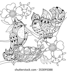 Zentangle stylized bird on nest. Hand Drawn vector illustration. Sketch for tattoo,coloring or makhenda. Bird collection.