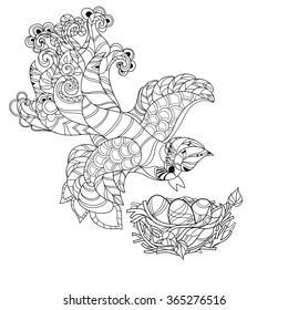 Zentangle stylized bird on nest. Hand Drawn vector illustration. Sketch for tattoo,coloring or makhenda. Bird collection.
