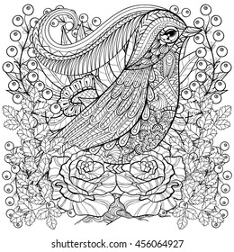 Zentangle stylized Bird in roses, sunflowers. Freehand sketch for adult anti stress coloring page with autumn doodle elements. Ornamental artistic vector illustration for  t-shirt or prints