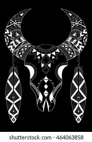 Zentangle stylized black Animal Skull with two feathers. Hand drawn ethnic animal for adult coloring pages, art therapy, bohemian tattoo, t-shirt print. Vector isolated illustration. A4 size.