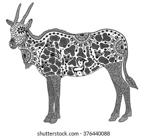 Zentangle stylized black antelope. Hand Drawn vector illustration. Books or tattoos with high details isolated on white background. Collection of animals.