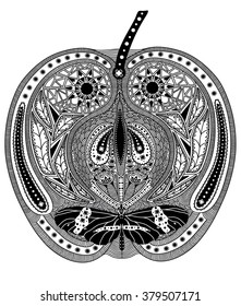 Zentangle stylized black apple. Hand Drawn vector illustration. Books or tattoos with high details isolated on white background. Collection of fruits.