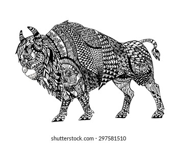 Zentangle stylized Black Bison. Hand Drawn doodle vector illustration. Sketch for tattoo or makhenda. Animal collection.