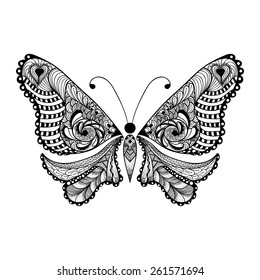 Zentangle stylized black Butterfly. Hand Drawn vector illustration isolated on white background. Sketch for tattoo or makhenda. Insect collection.