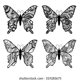 Zentangle stylized black Butterfly. Hand Drawn vector illustration isolated on white background. Sketch for tattoo or makhenda. Zentangle Art collection.Black contour for coloring book page design. 