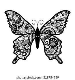 Zentangle stylized black Butterfly. Hand Drawn vector illustration isolated on white background. Sketch for tattoo or makhenda. Zentangle Art collection. Black contour for coloring book page design. 